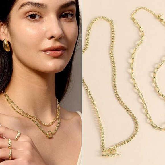 Set of 2 Layered 14K Gold Necklaces Dainty Minimalist Thin Chain Link Jewelry - Picture 3 of 8